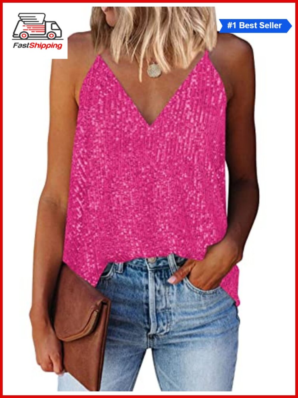 ✨ Sequin V Neck Racerback Tank Top Sleeveless Party Clubwear